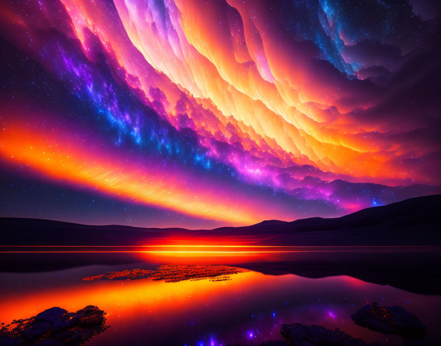 Colorful Aurora Borealis Over Tranquil Lake at Sunset