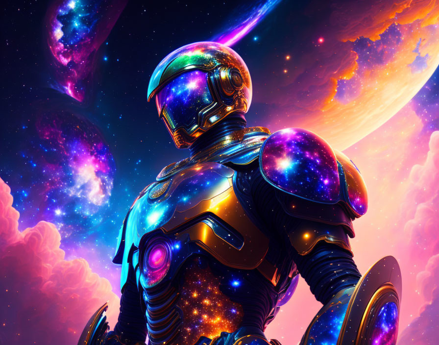 Colorful digital art: Armored astronaut with reflective visor in cosmic space.