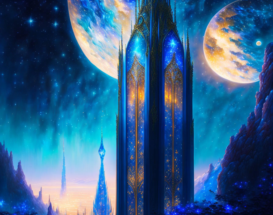 Mystic fantasy landscape with illuminated towers and dual moons