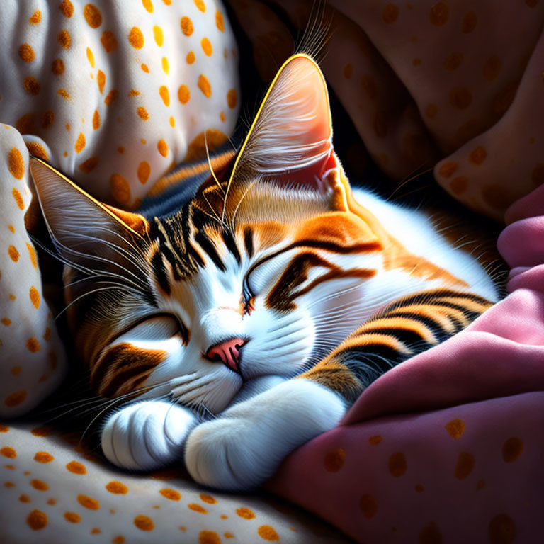 Calico cat sleeping on polka-dotted fabric under amber light