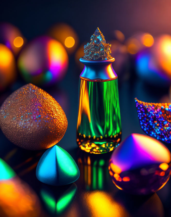 Colorful Glittery Objects and Perfume Bottle on Dark Background