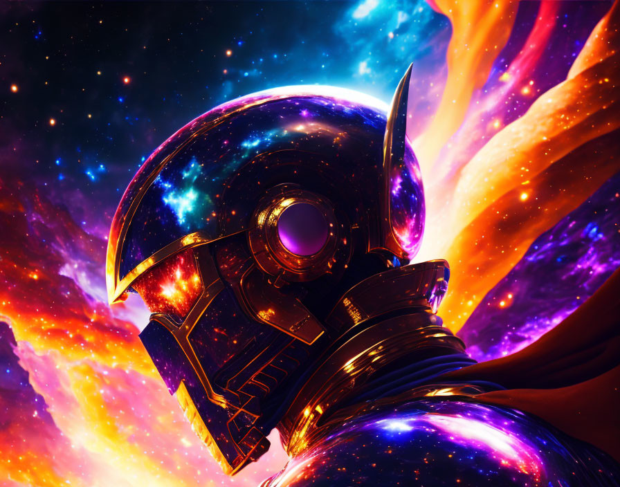 Futuristic helmet profile art with cosmic background