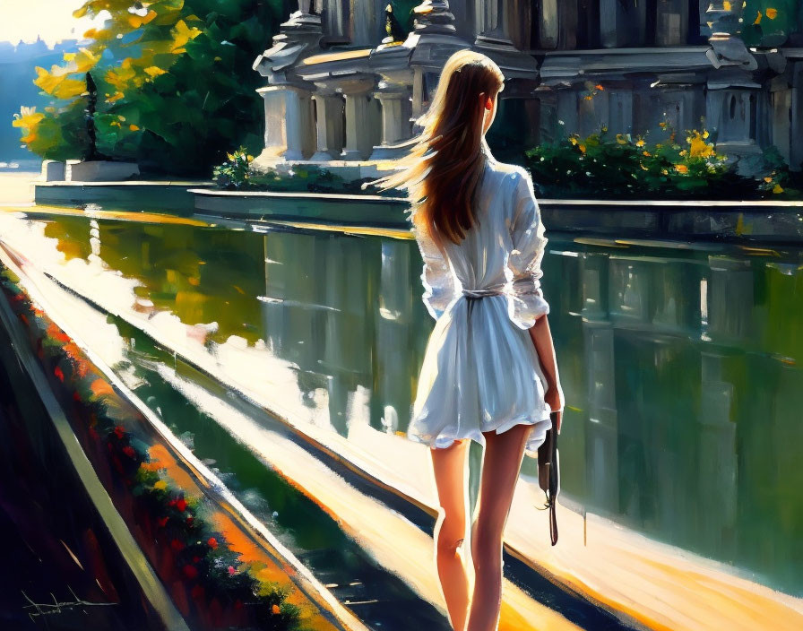 Woman in white dress near canal and grand building under warm sunlight