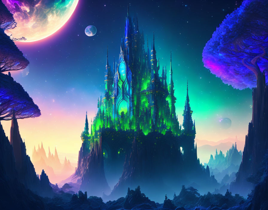 Majestic neon-lit castle in vibrant fantasy landscape