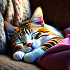 Calico cat sleeping on polka-dotted fabric under amber light