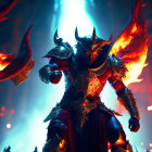 Fantasy warrior with horns and cape in fiery backdrop