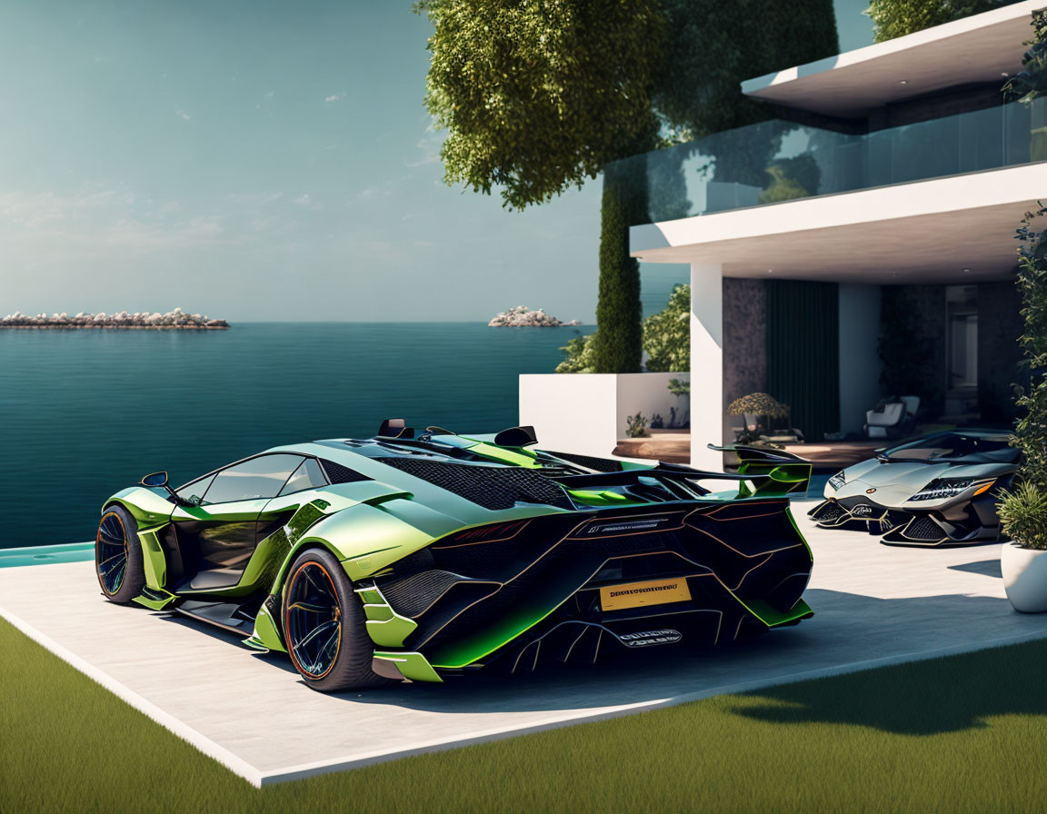 Luxury sports car outside modern seaside villa with lush greenery.