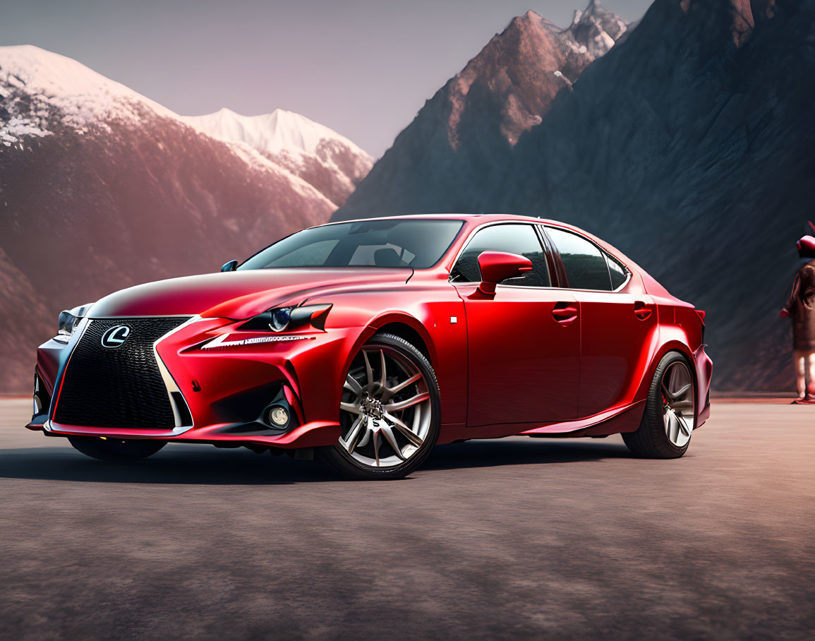 Red Lexus Sedan Parked with Mountain Background and Sharp Design