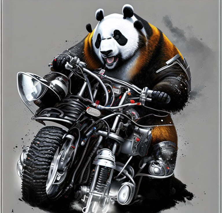 Stylized panda illustration on custom motorcycle with detailed mechanical parts