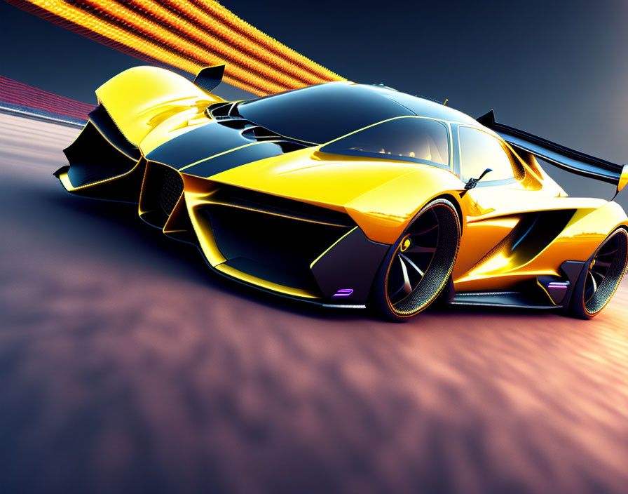 Yellow Sports Car Racing on Sunset Track with Motion Blur