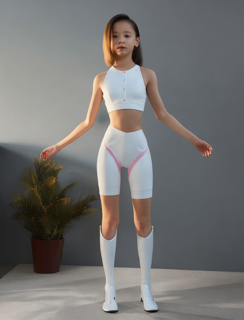 Sporty White Crop Top and Leggings with Pink Accents in Studio Setting