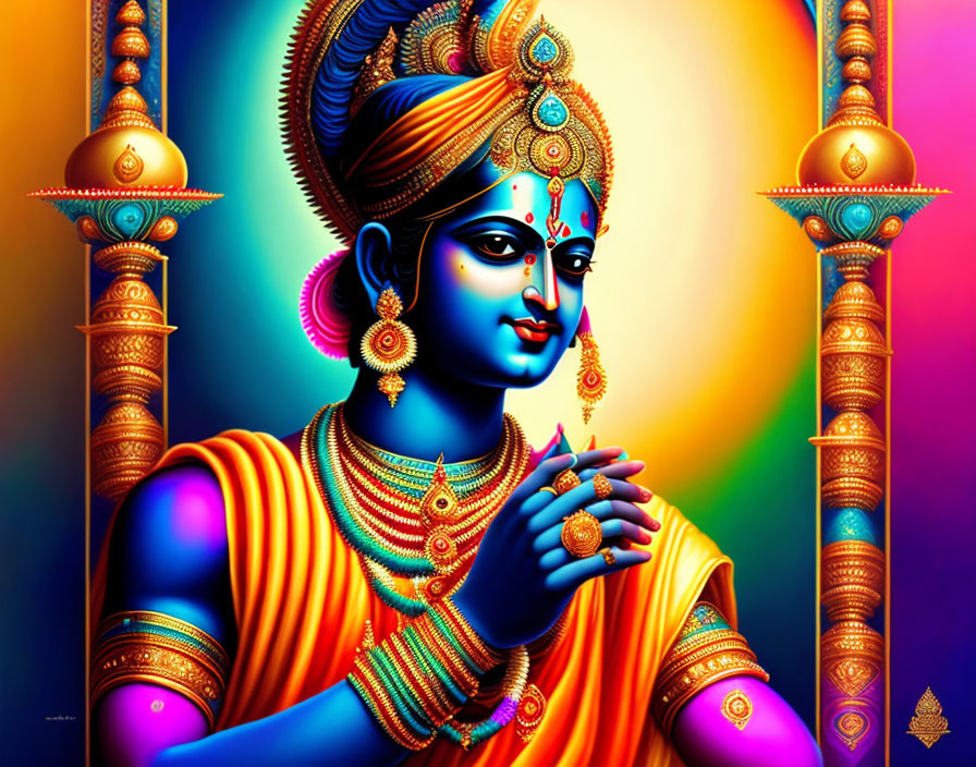 Colorful Hindu deity with multiple arms in orange and gold attire and peacock feather crown.