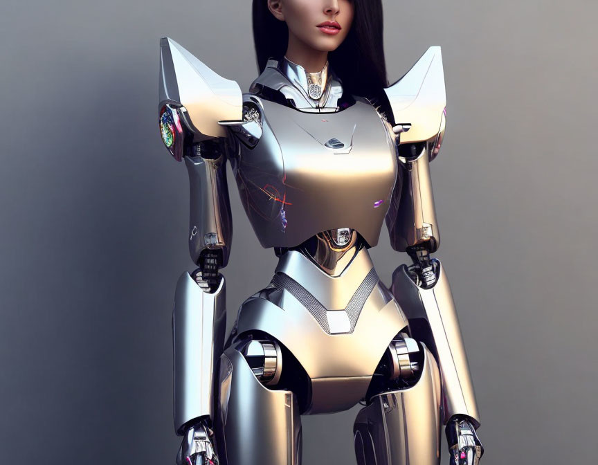 Female Android in Silver Armor with Intricate Joint Designs