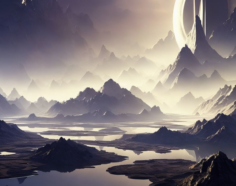 Alien landscape with jagged mountains, still lakes, and large planet.