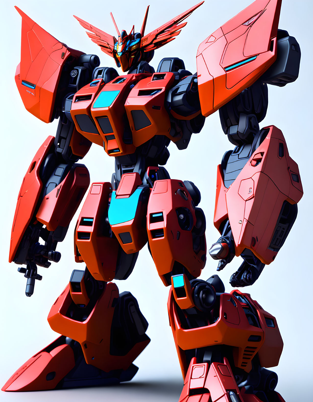 Detailed 3D Illustration of Red and Blue Mecha Robot with Elaborate Armor and Wings