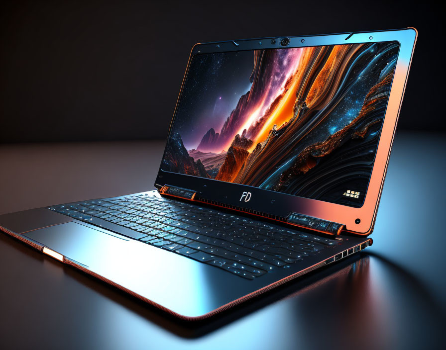 Reflective Surface Laptop with Outer Space Wallpaper & Backlit Keyboard