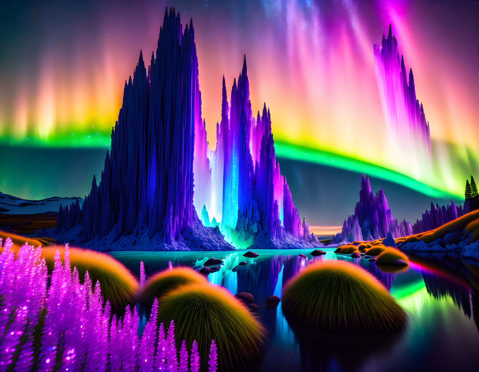 Vibrant otherworldly night landscape with glowing purple flora and colorful aurora