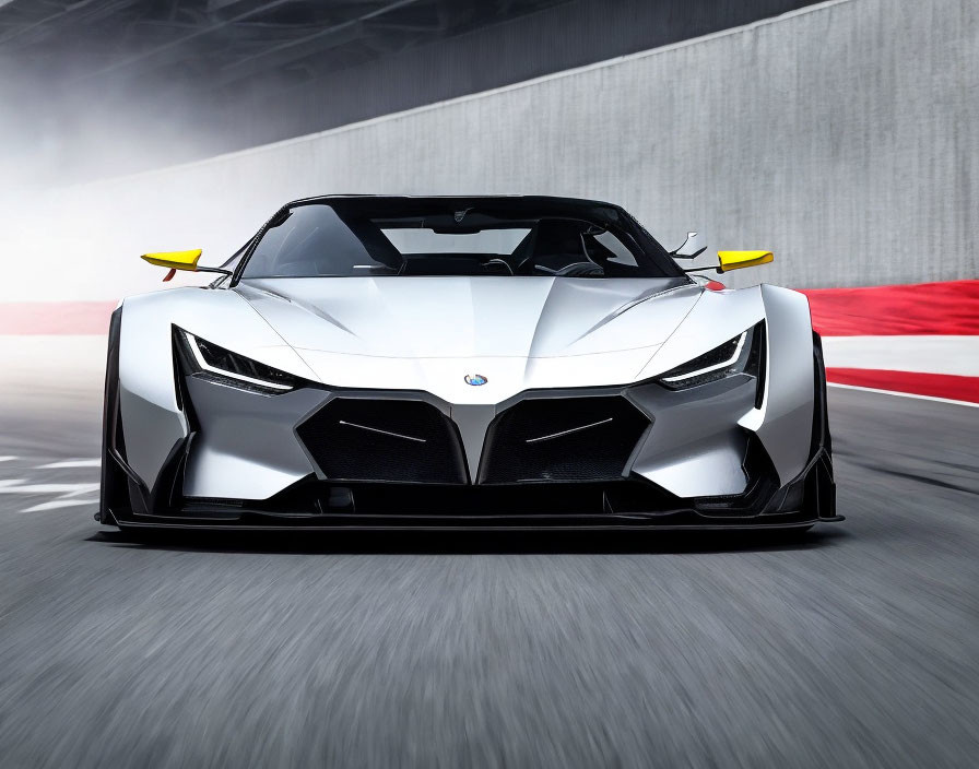 White BMW sports car with angular design and LED headlights speeding on track.