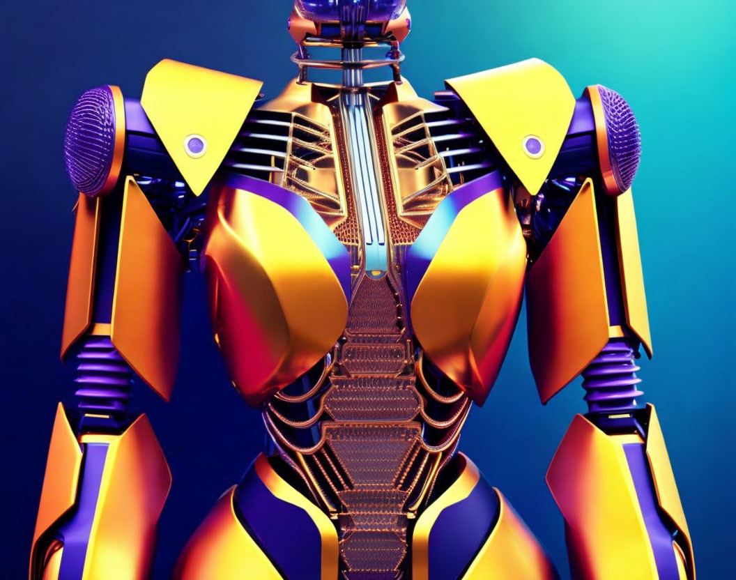 Futuristic robot with yellow and purple armor on blue background