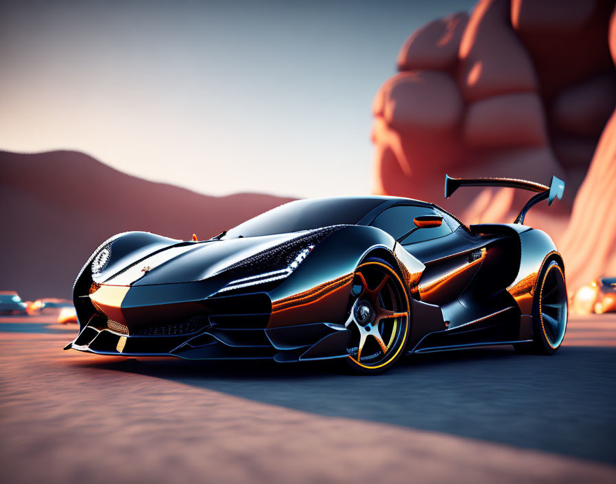 Black sports car with orange accents and rear wing in desert sunset.