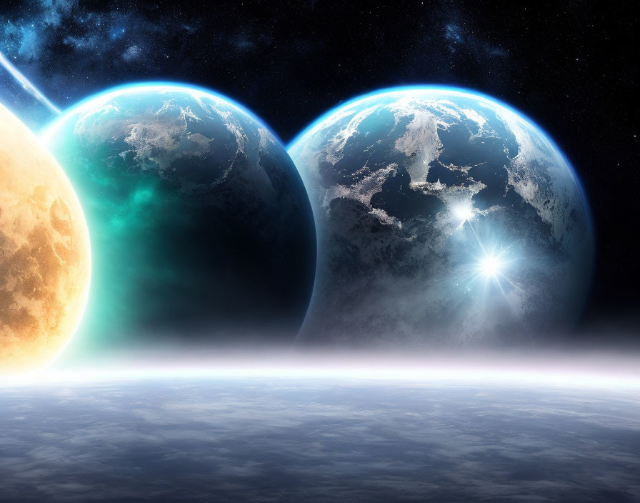 Two Earth-like planets, moon, and starburst effect in space