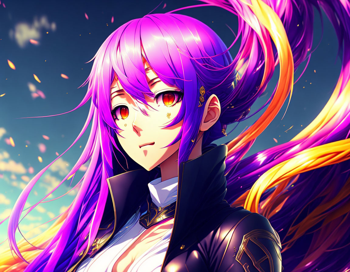 Anime character with long purple hair and yellow eyes against vivid blue sky and floating petals