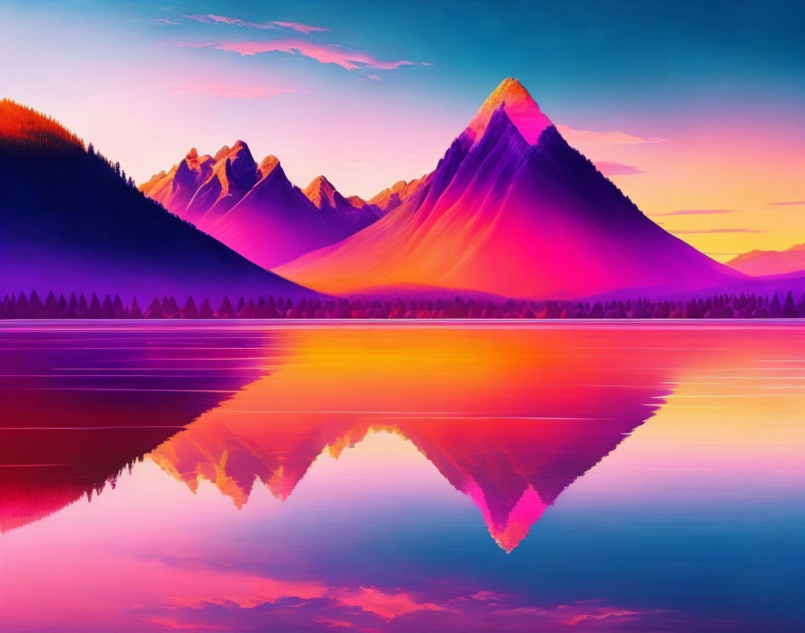 Scenic sunset over tranquil lake with purple and pink-hued mountain reflections