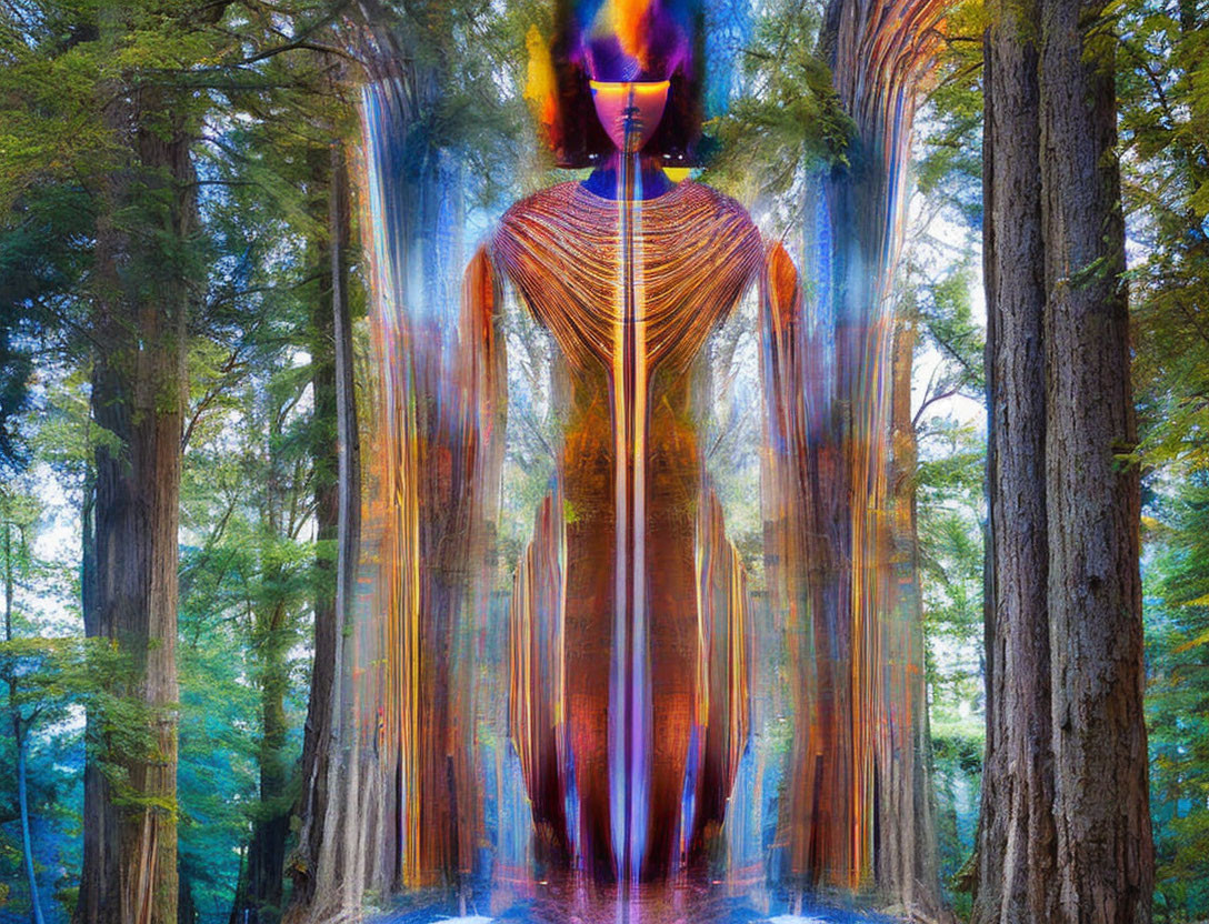 Colorful forest scene with humanoid figure emitting dynamic light streaks