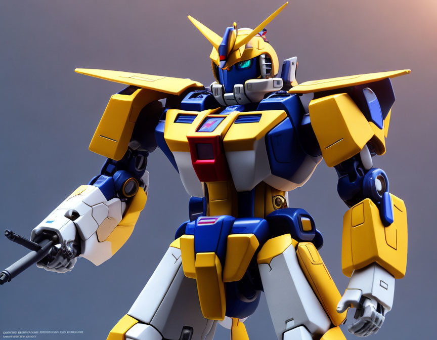 Yellow and Blue Robot Model with Gun Arm on Gray Background