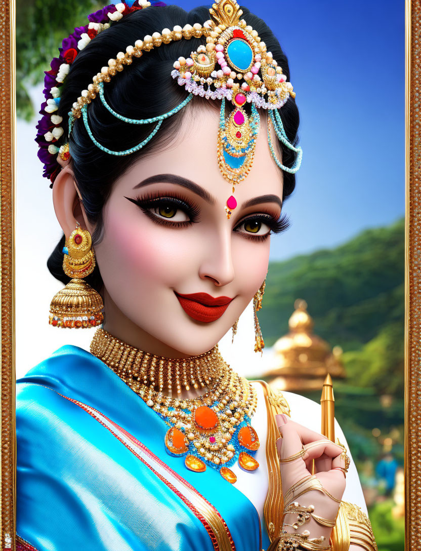 Traditional jewelry adorned woman in blue outfit against greenery and architecture.