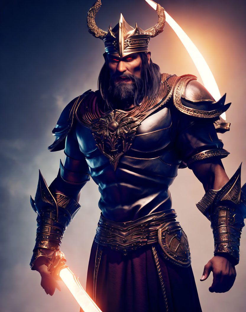 Majestic warrior king in dark armor with glowing sword