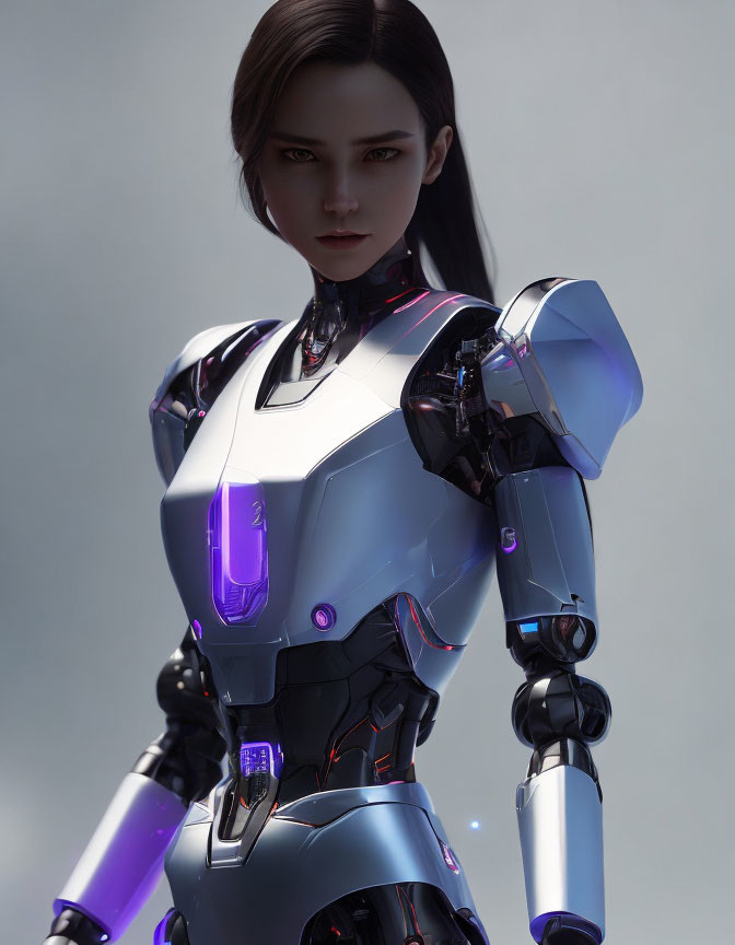 Female humanoid robot with white and black exoskeleton and purple lights