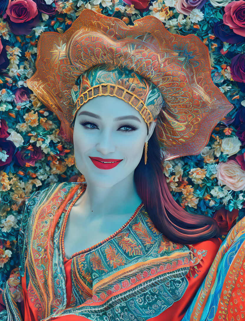 Smiling woman in colorful traditional costume with intricate makeup