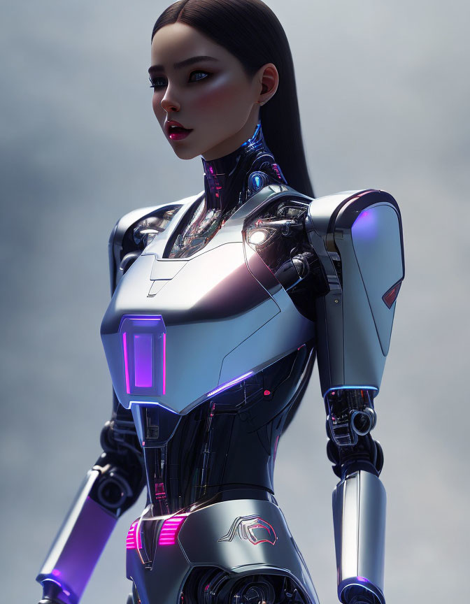 Futuristic humanoid robot with white & black armor, neon blue & pink lights