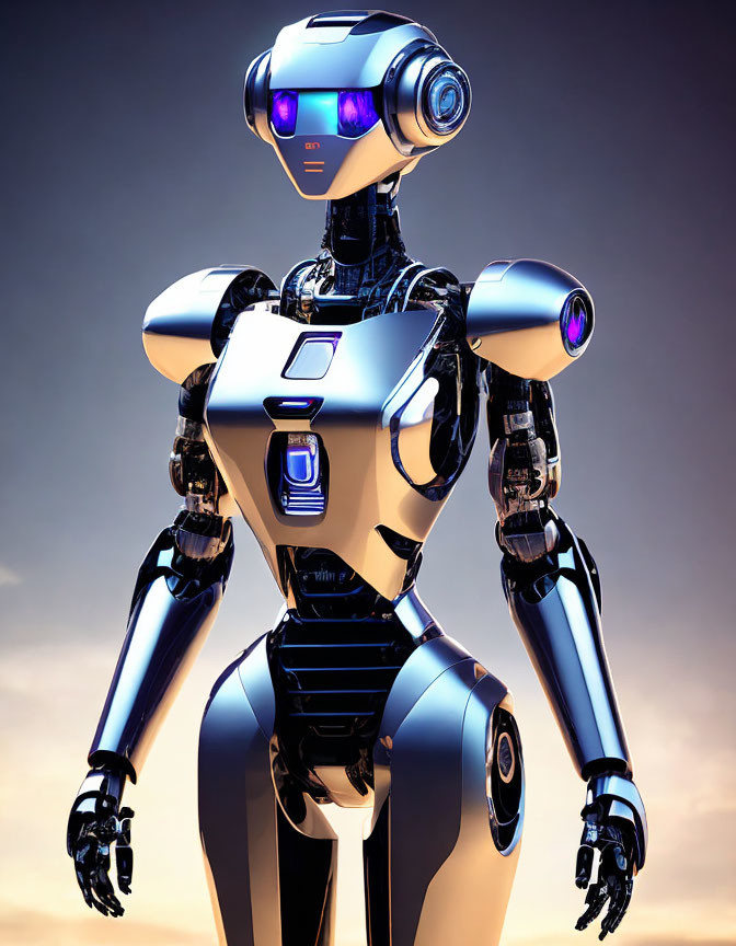 Futuristic humanoid robot with metallic armor and blue visor at dusk