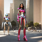 Futuristic woman in pink and silver costume with robots in cityscape