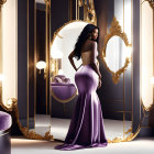 Woman in Purple Gown in Luxurious Room with Golden Mirrors