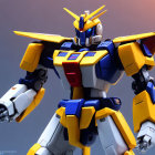 Yellow and Blue Robot Model with Gun Arm on Gray Background