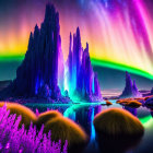 Vibrant otherworldly night landscape with glowing purple flora and colorful aurora