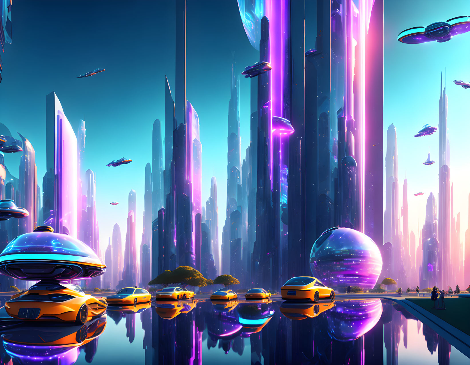 Neon-lit skyscrapers and flying vehicles in futuristic cityscape