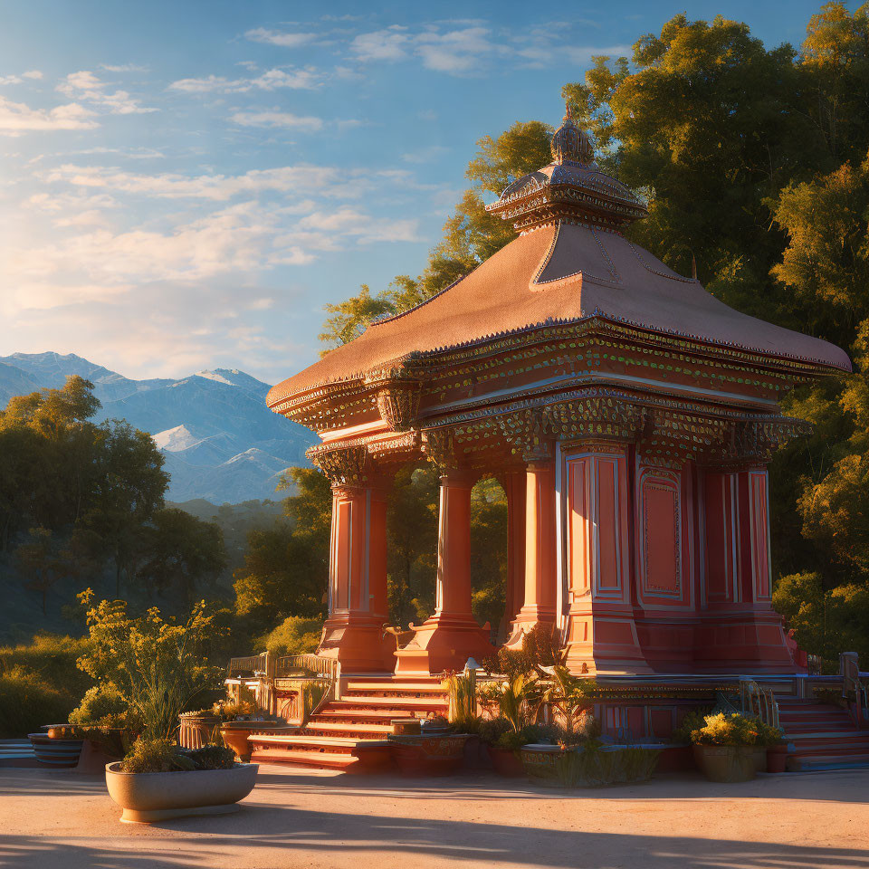 Red ornate pavilion in serene mountain sunrise