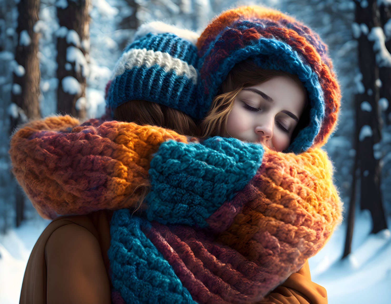 Embracing Couple in Wintry Forest with Colorful Knitwear