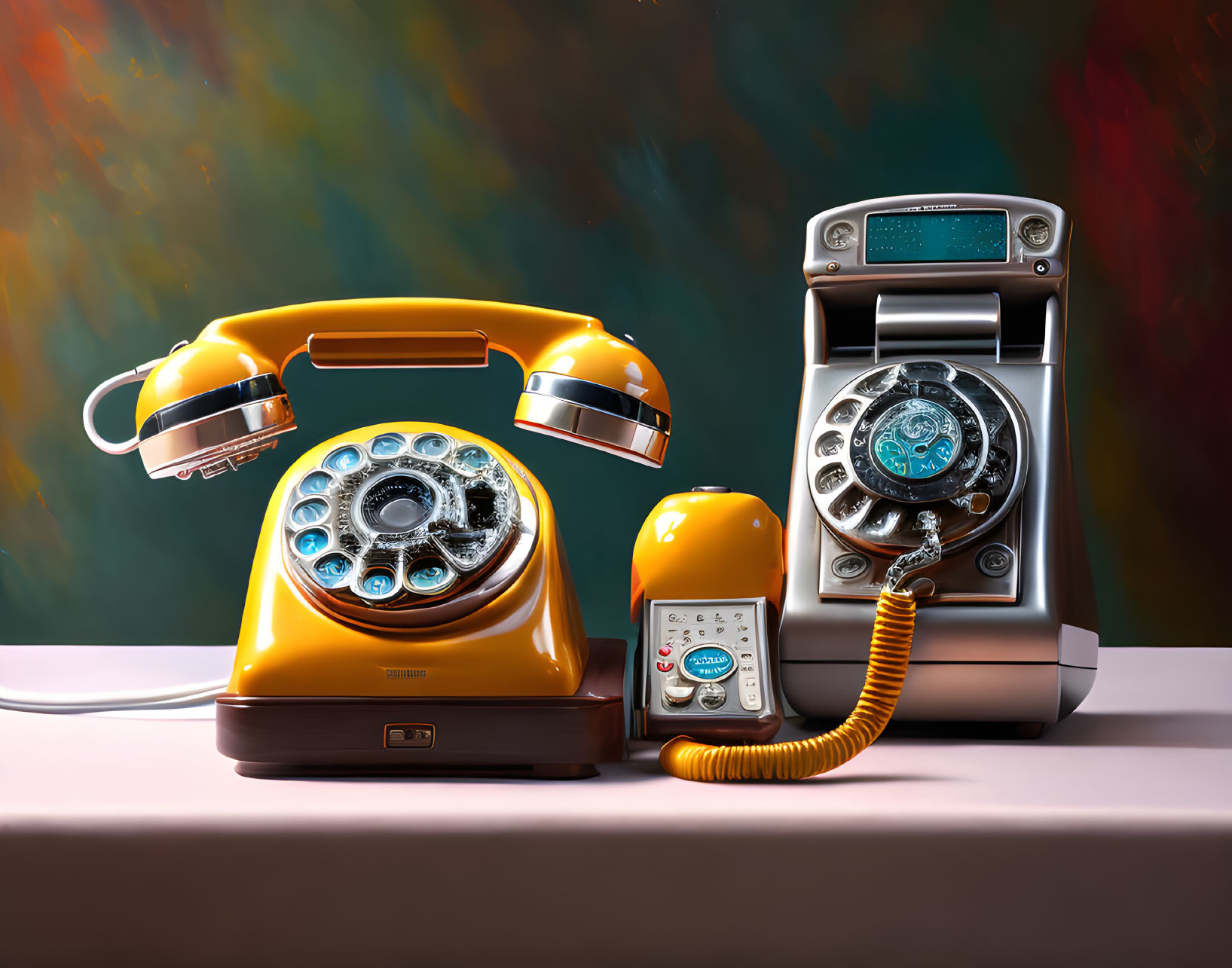 Vintage rotary dial telephones in orange and silver on colorful background