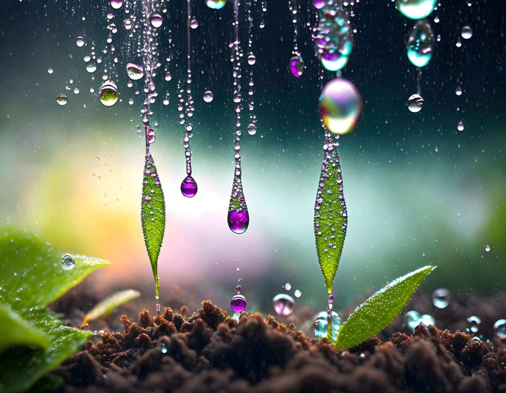 Glistening water droplets on green leaves with soft bokeh light