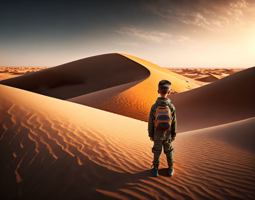 Child with backpack gazes over vast desert landscape