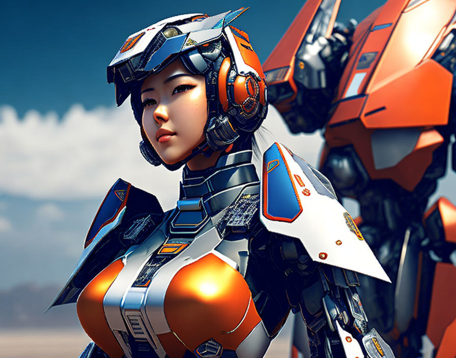 Futuristic female warrior in blue and white armor with orange accents beside giant robot