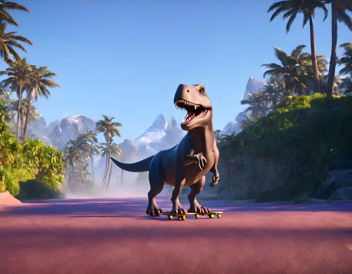 Cartoon Tyrannosaurus Rex Skateboarding in Sunny Landscape