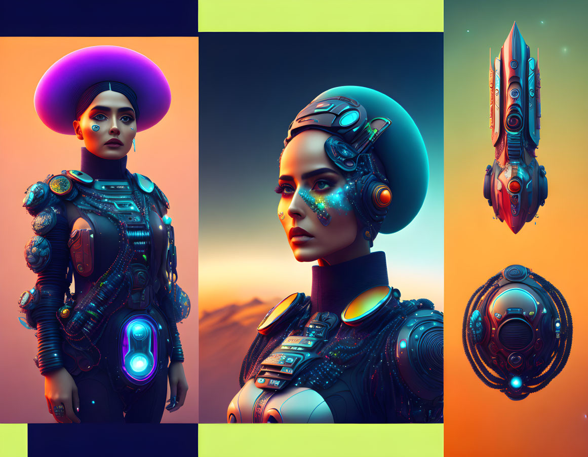 Futuristic female cyborg in high-tech armor on orange and blue background.