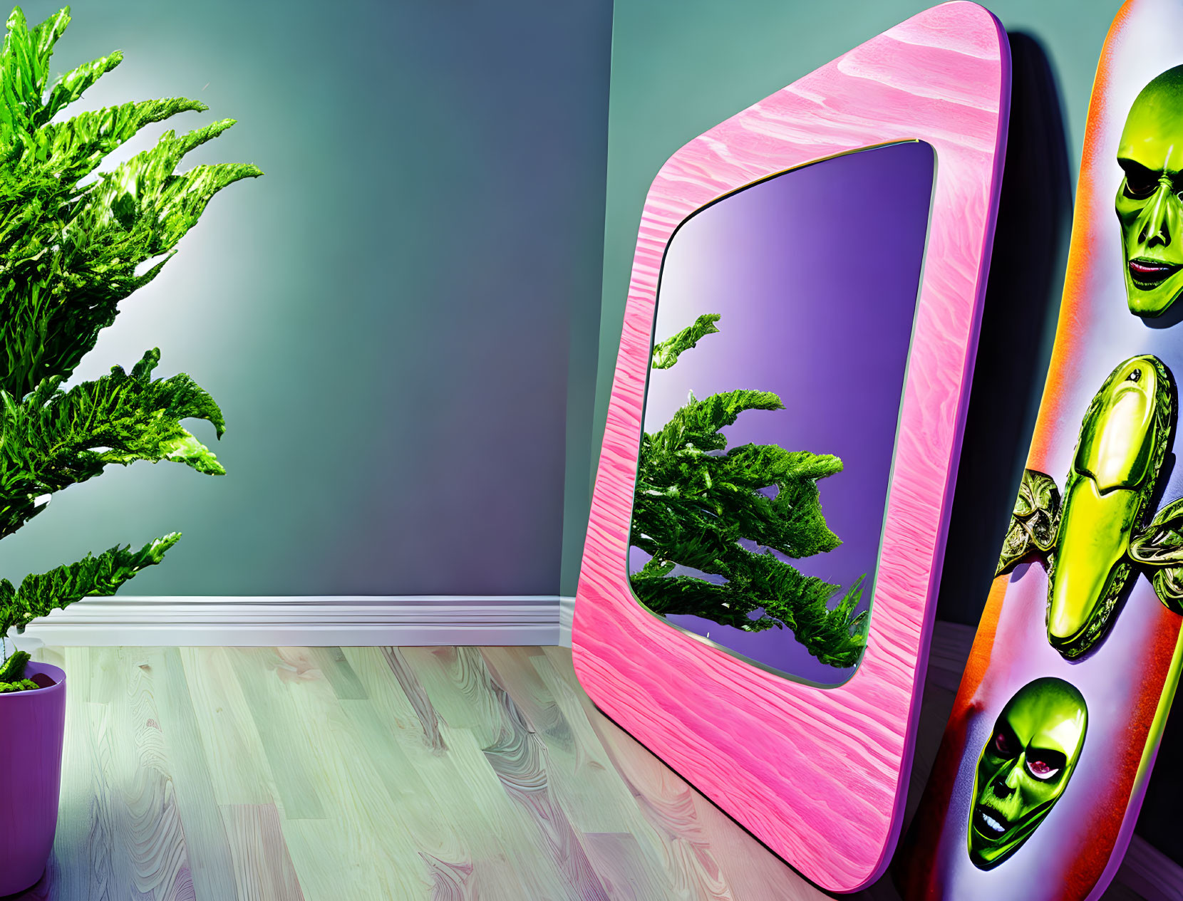 Surreal room with pink-framed mirror, potted plant, gray wall, wooden floor,