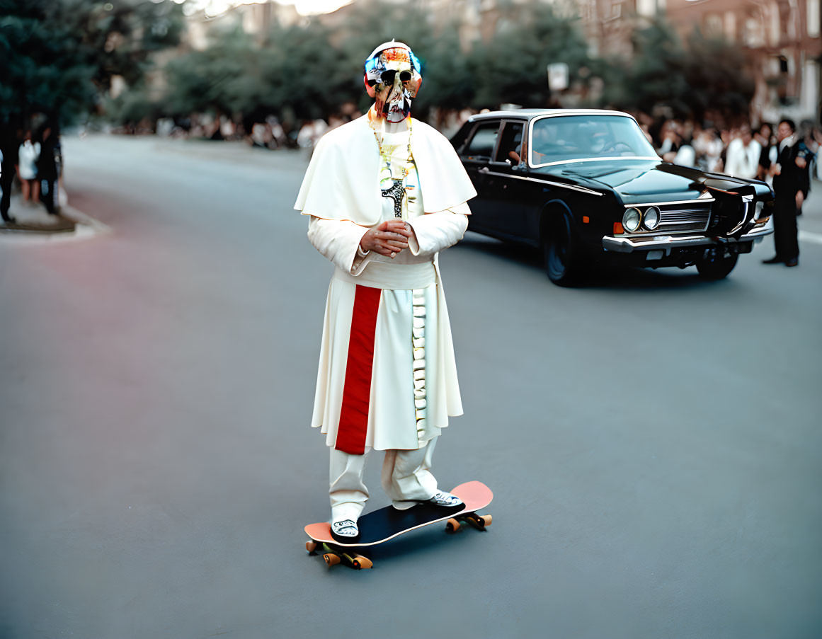 Pope costume figure on skateboard with skull mask, vintage car and spectators in street scene